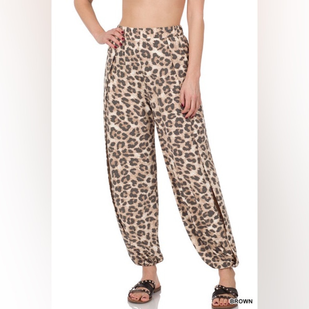 NEW! Zenana Hippie Harem Leopard Split Side Pants - Picture 4 of 16